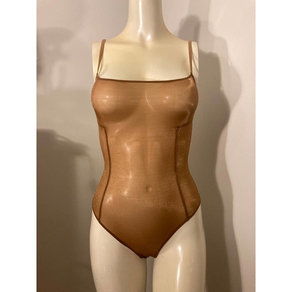SKIMS Size XL Glissenette Chai Scoop Neck Sheer Bodysuit Shimmery Golden Gold - Picture 6 of 11